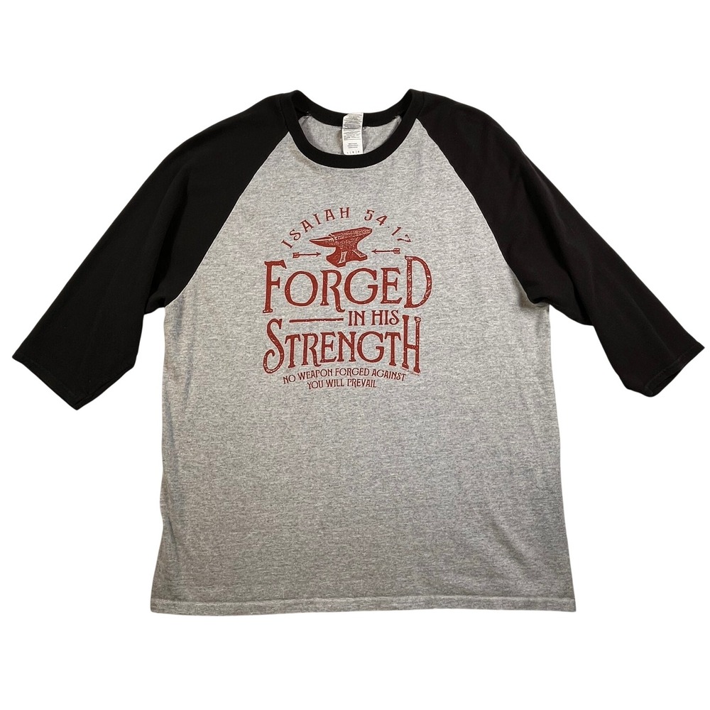 Mens L Isaiah 54:17 Forged In His Strength Christian Raglan 3/4 Sleeve Shirt